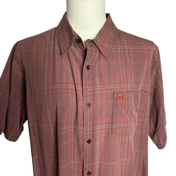 Ripcurl Button Up Short Sleeve Shirt XL Brown Plaid Casual Pocket Cotton - Picture 2 of 7
